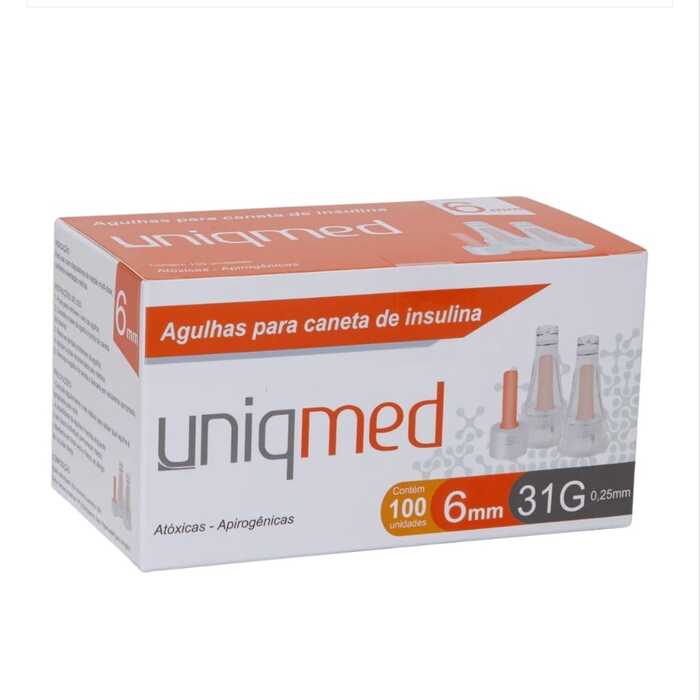 Agulhas Para Caneta De Insulina 6mm 31G 0,25mm (100 unidades) - Uniqmed